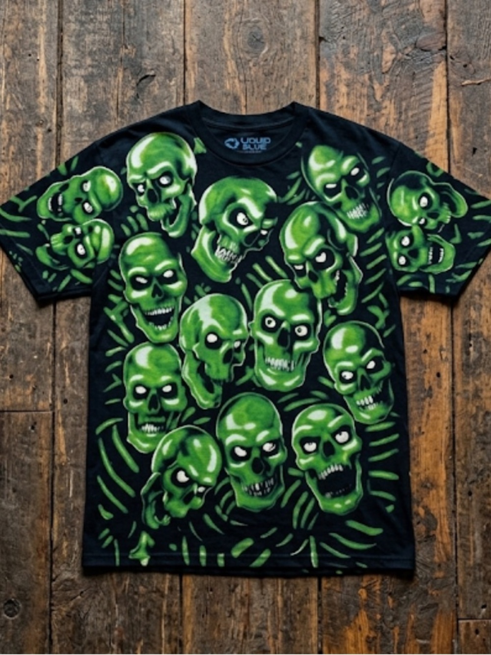 Liquid blue green skulls, AOP shirt misprint